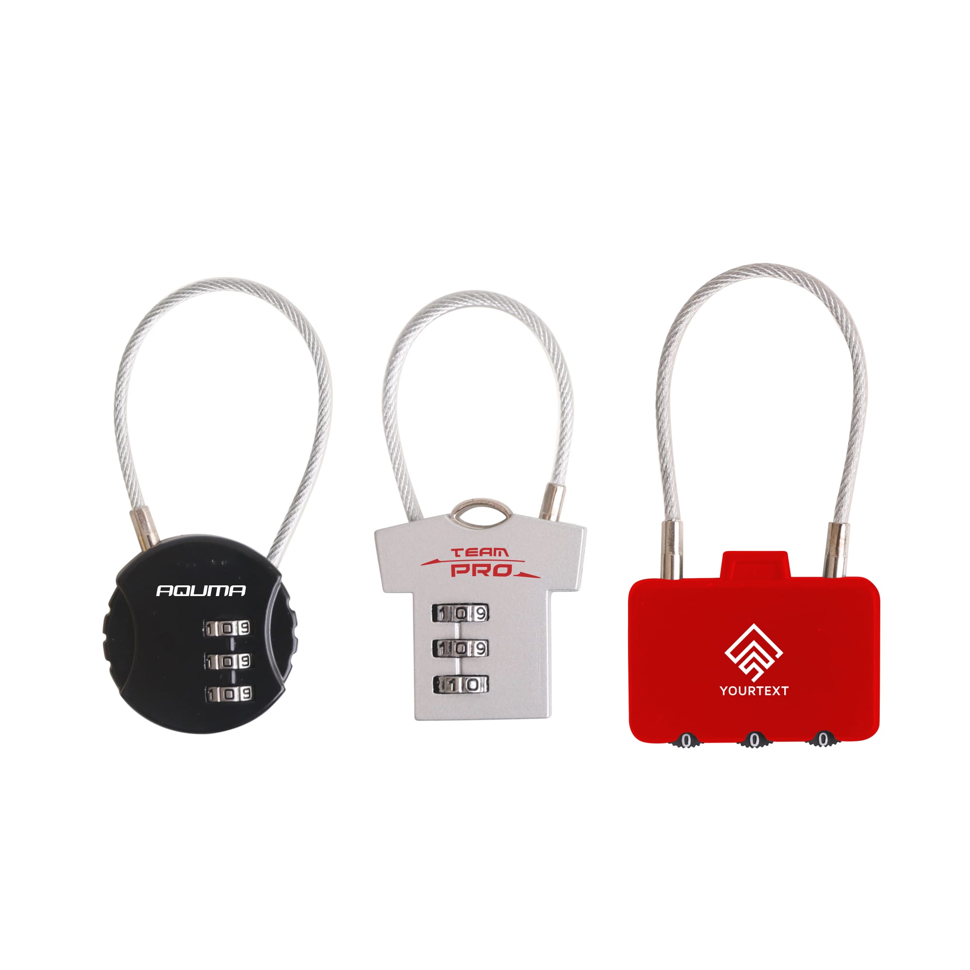 A set of three metal coded locks in black, silver, and red, featuring various designs and a logo. Metal Coded Lock - Image 1