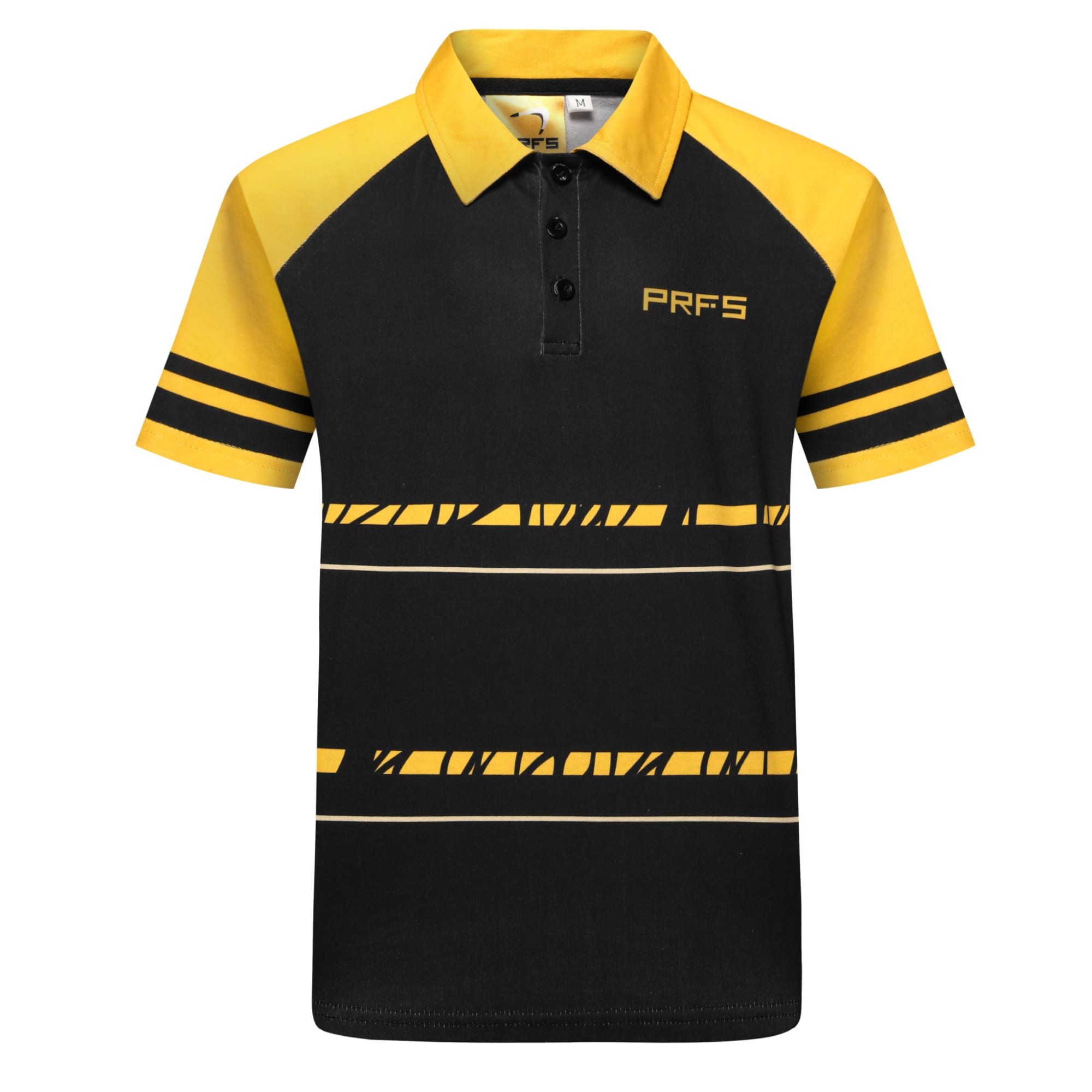 A black and yellow cotton Hawaiian shirt with stripes and a logo on the chest, featuring a classic polo design. A black and yellow cotton Hawaiian shirt with stripes and a logo on the chest, featuring a classic polo design.