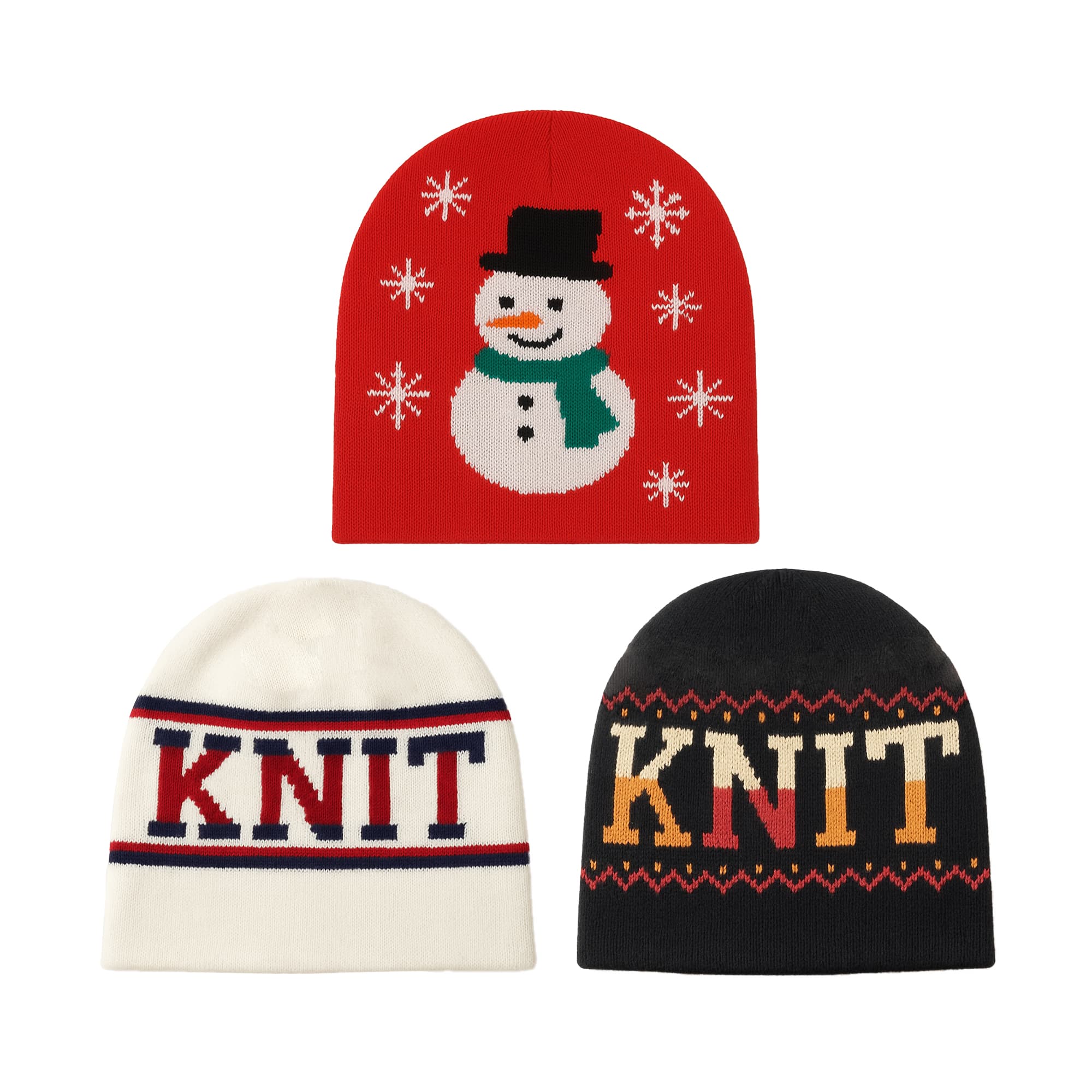 Three beanies in various designs: a red one with a snowman, a cream one with "Knit" text, and a black one with patterned text. Jacquard Beanie - Image 1