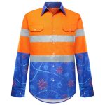 A brightly coloured Hawaiian shirt featuring orange upper panels and blue patterned lower sections with reflective stripes.