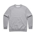 A grey crew jumper with ribbed cuffs and hem, featuring a simple design and a logo on the tag.