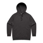 A black hoodie with a front pocket and a drawstring hood, featuring raglan sleeves and a logo.