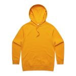 A bright yellow hoodie with a spacious front pocket and an adjustable drawstring hood. It features a logo.