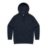 A dark navy hoodie featuring a front pocket and a drawstring hood. It has a branding logo.