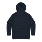 A dark navy hoodie with a hood and long sleeves, featuring a plain back without any visible logos.
