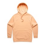 A peach-coloured hoodie with a kangaroo pocket and a drawstring hood, featuring a logo.