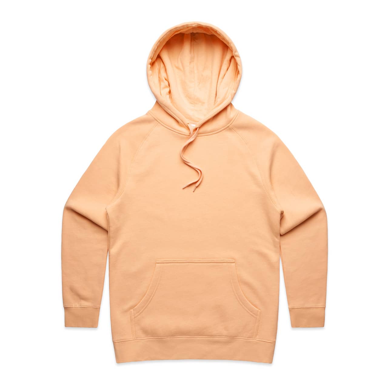 A peach-coloured hoodie with a kangaroo pocket and a drawstring hood, featuring a logo. A peach-coloured hoodie with a kangaroo pocket and a drawstring hood, featuring a logo.