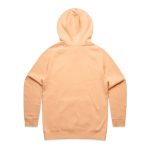 A peach-coloured hoodie with a hood and long sleeves, featuring a plain back and a logo.