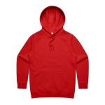 A red hoodie featuring a spacious front pocket and a drawstring hood. It has a logo on the front.
