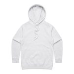 A light grey hoodie with a drawstring hood and a front pocket. It features a logo on the material.