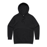 A black hoodie featuring a front pocket and a drawstring hood. It has a simple design and includes a logo.