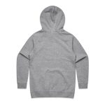 A grey hoodie showcasing a simple design with a hood and long sleeves, featuring a logo on the back.