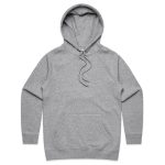 A grey hoodie with a front pocket and drawstring hood. Includes a logo on the front.