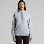A grey hoodie with a front pocket and drawstring hood, featuring a logo. Designed for casual wear.