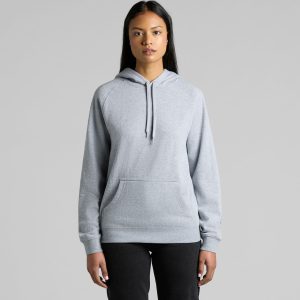 A grey hoodie with a front pocket and drawstring hood, featuring a logo. Designed for casual wear.