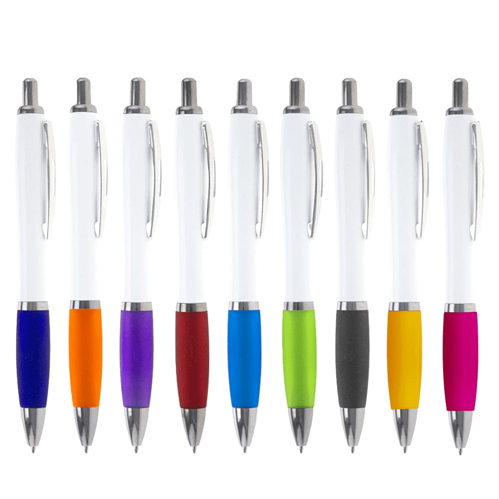 A collection of ballpoint pens with white barrels and various coloured grips, including purple, red, and green. Nash Ballpoint Pen w/ White Barrel & Coloured Grip - Image 1
