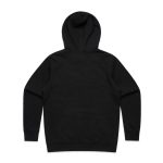 A black hoodie with a kangaroo pocket and a hood, featuring a logo on the back.