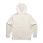 A cream-coloured hoodie featuring a hood and long sleeves, with a smooth back design and a branding logo.