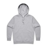 A grey hoodie with a front pocket and drawstring hood. It features a logo on the front.
