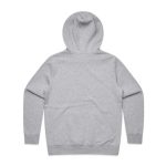 A grey hoodie featuring a hood, long sleeves, and a plain back design. It has a logo on the back.