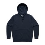 A navy blue hoodie with a front pocket and a drawstring hood, featuring a logo.