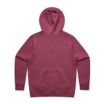 A maroon hoodie with a kangaroo pocket and a hood, featuring a logo on the back.