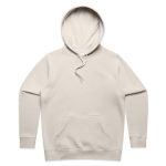 A beige hoodie with a front pocket and a drawstring hood, featuring a logo on the label.