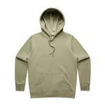 A sage green hoodie with a front pocket and an adjustable hood, featuring a logo on the front.