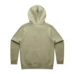 A green hoodie with a spacious hood, featuring long sleeves and a simple design. It has a logo on it.