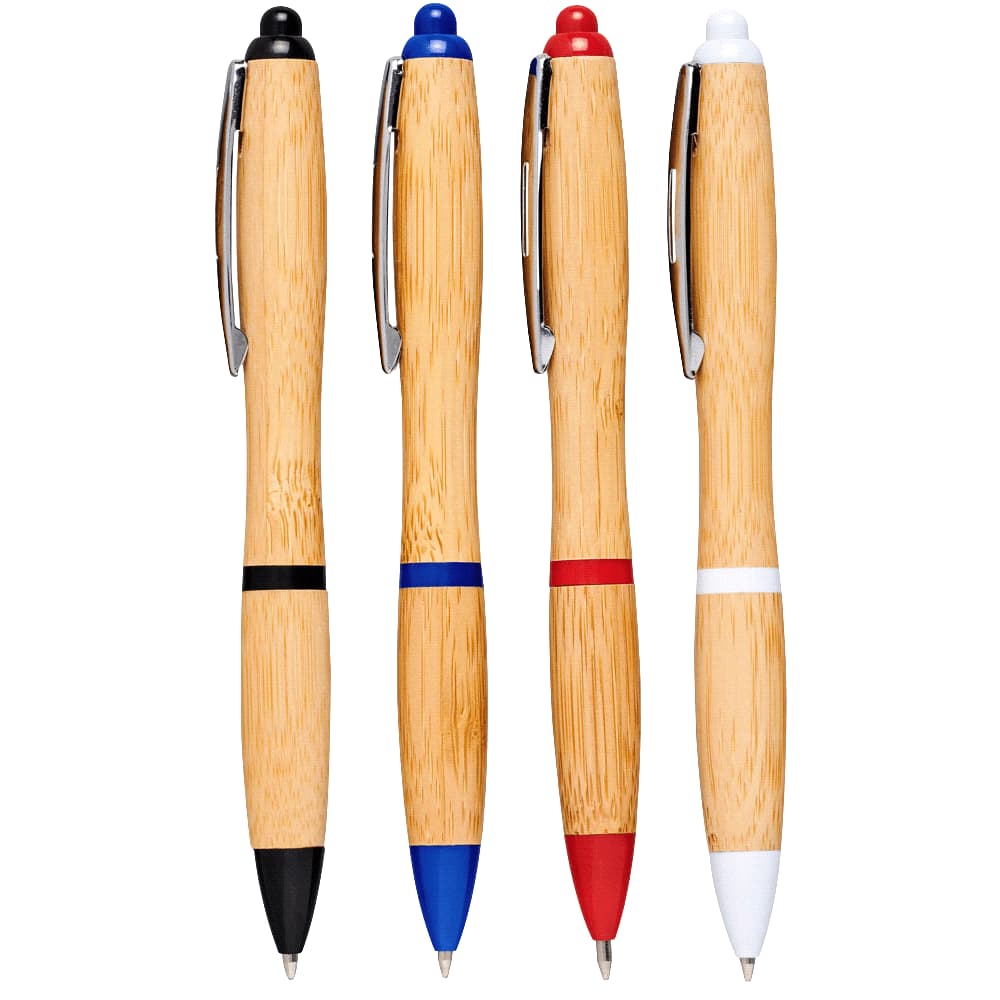 A set of four bamboo ballpoint pens in black, blue, red, and white, each with a silver clip and accents. Nash Bamboo Ballpoint Pen - Image 1