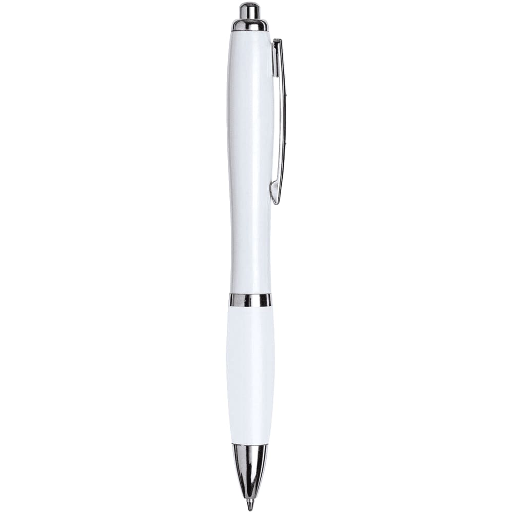 A ballpoint pen in all white with chrome accents, featuring a clip and smooth finish. Nash Ballpoint Pen - All White - Image 1