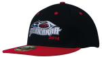 A two-tone cap featuring a black body and a red brim, with a logo and embroidery. It has a branded tag on the underside.