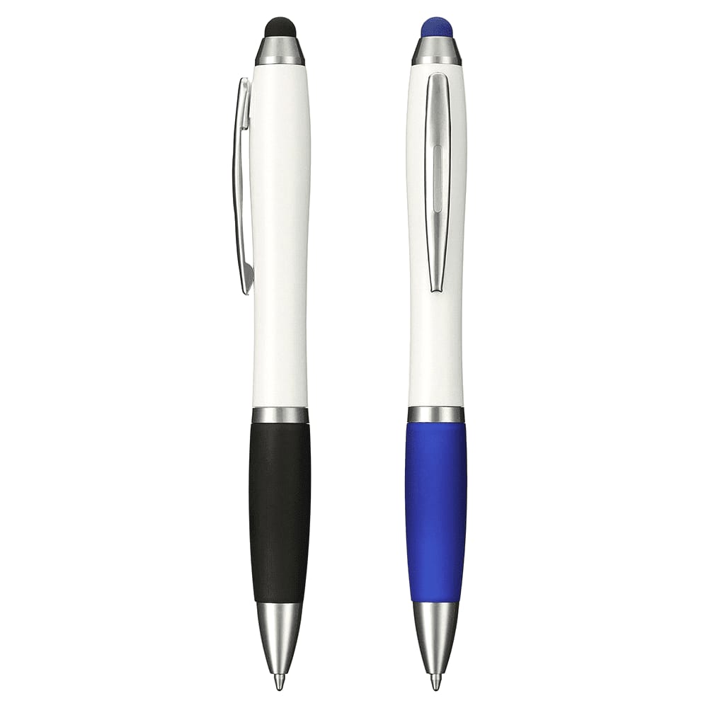 A set of two antibacterial stylus pens featuring a white body, one with a black grip and the other with a blue grip. Antibacterial Nash Pen/Stylus - Image 1