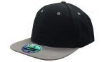 A cap featuring a two-tone design in black and grey, with a circular logo on the brim.