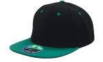 A two-tone cap featuring a black body and a green brim, with a branded logo on the front.