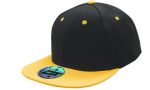 A two-tone cap featuring a black crown and yellow brim with a logo on the front.