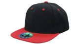 A black and red two-tone cap with a flat brim and an attached logo.