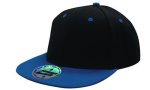 A two-tone cap featuring a black body and a blue brim, with a logo on the front.