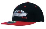 A black and red cap featuring an embroidered design and a logo. The cap has a flat brim and snapback style.