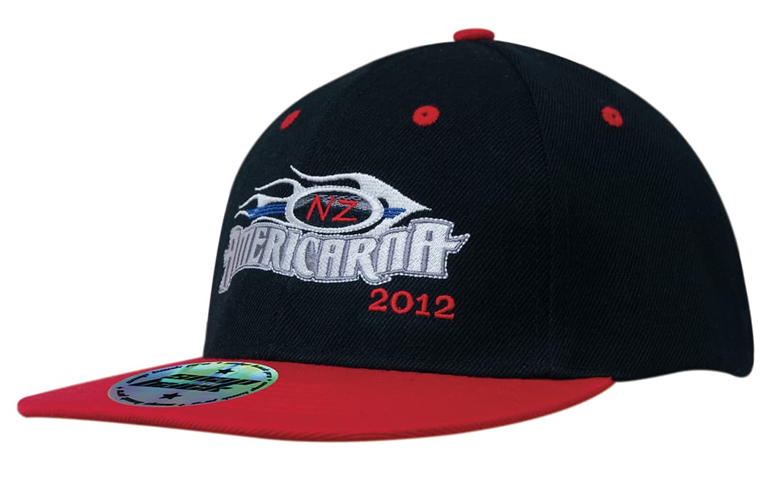 A black and red cap featuring an embroidered design and a logo. The cap has a flat brim and snapback style. A black and red cap featuring an embroidered design and a logo. The cap has a flat brim and snapback style.