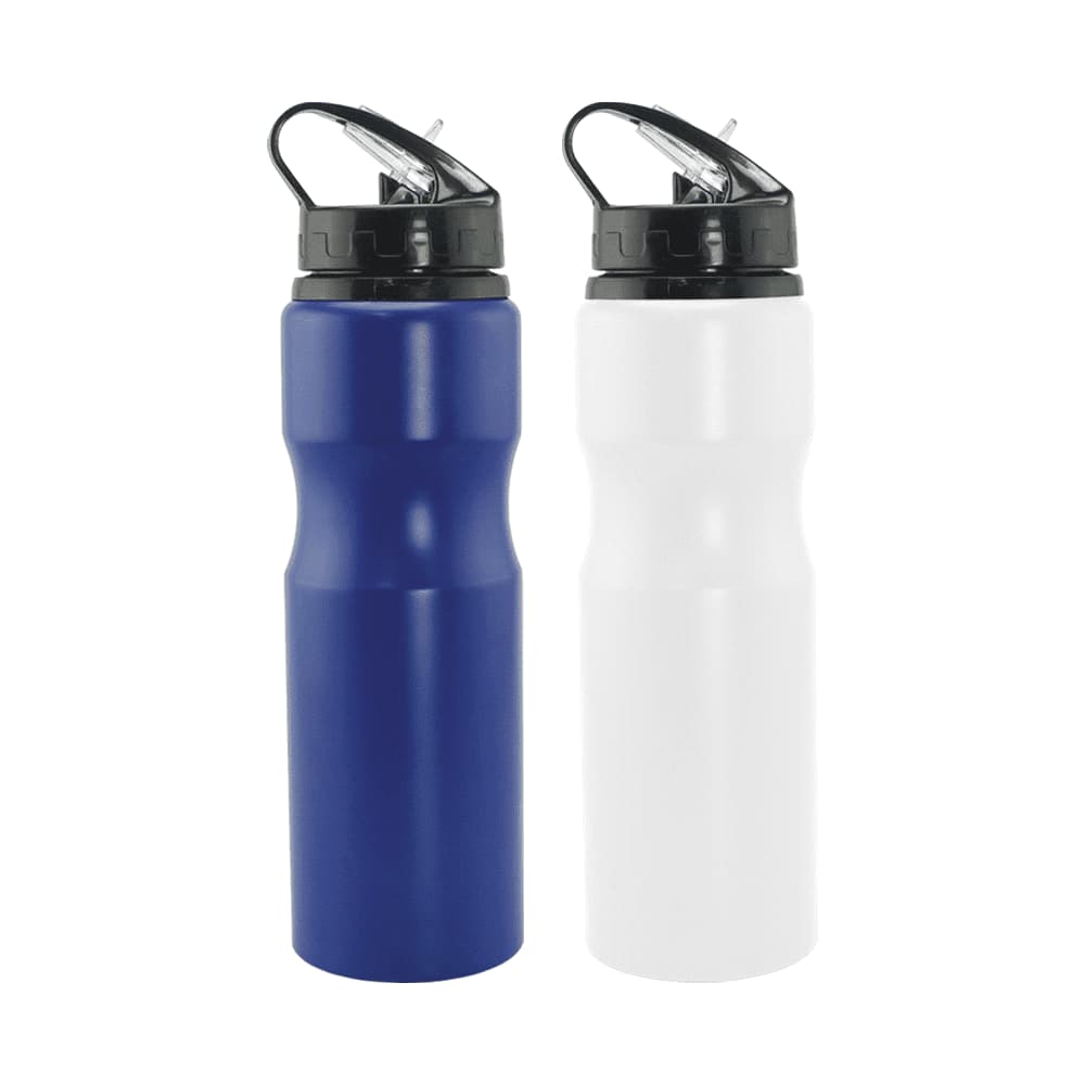 A drink bottle with a sleek design, available in navy blue and white, featuring a flip-top lid and a logo. Loki 2.0 830ml Aluminium Sports Bottle - Image 1
