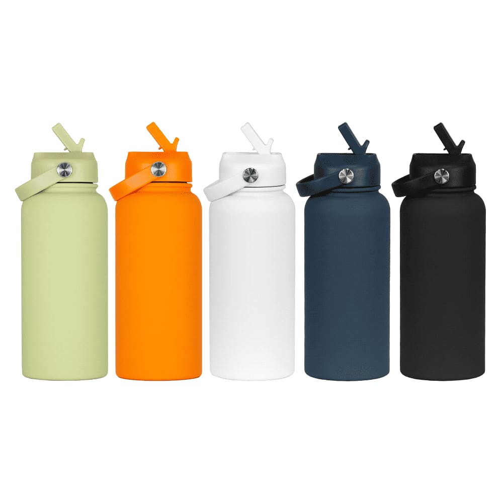 A drink bottle collection featuring five rubber-coated bottles in green, orange, white, navy, and black, each with a straw lid and a logo. Laredo Rubber Coated Bottle - 1L - Image 1