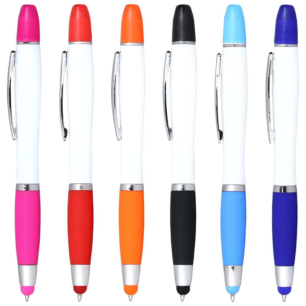 A collection of ballpoint pens in various colours, featuring clip designs and silver accents. Each pen has a white barrel. Nash Ballpoint Pen w/ Yellow Wax Highlighter - Image 1