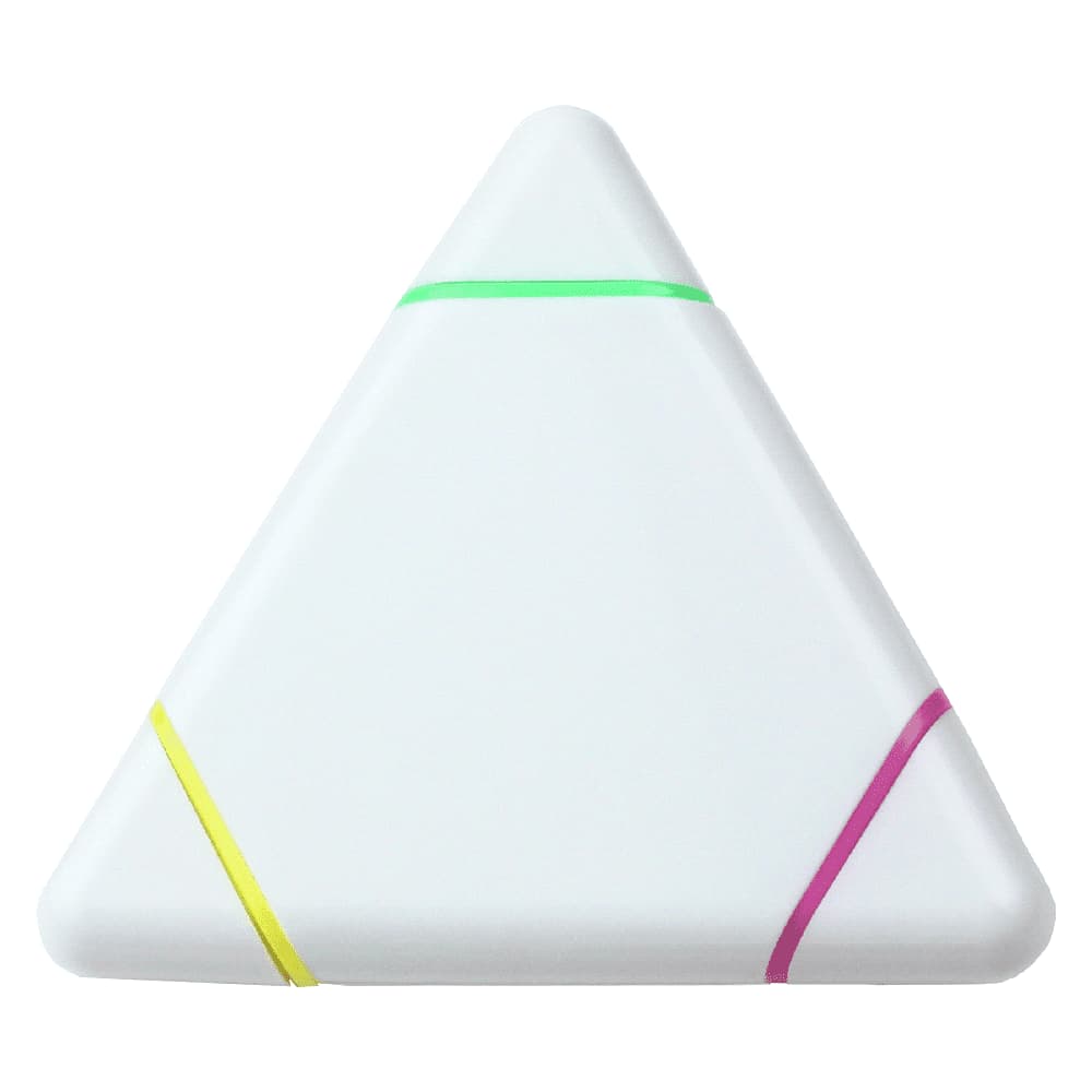A triangular highlighter in white with green, yellow, and pink accents. Features a logo on one side. Triangular Highlighter - Image 1