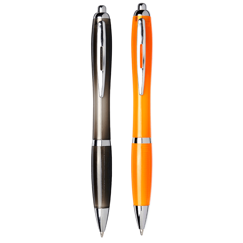 Two ballpoint pens, one in grey and one in orange, with chrome accents and a logo on each. Nash Recycled PET Ballpoint Pen - Blue Ink - Image 1