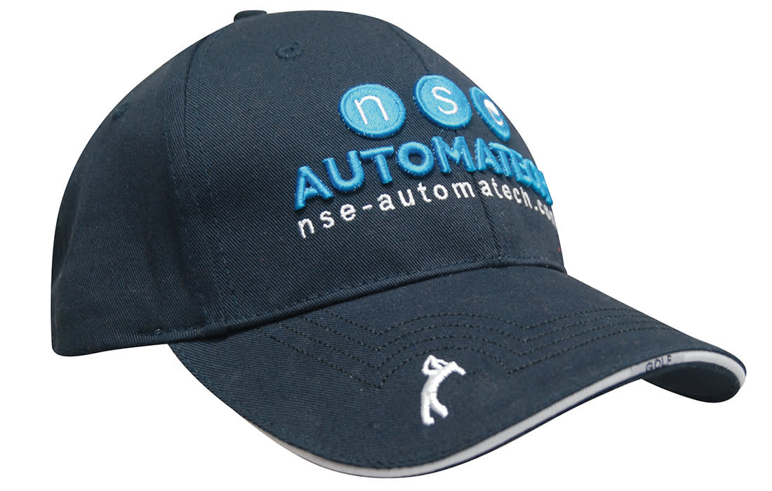 A navy blue cap with peak embroidery and a logo on the front. Features a white stitching detail. A navy blue cap with peak embroidery and a logo on the front. Features a white stitching detail.
