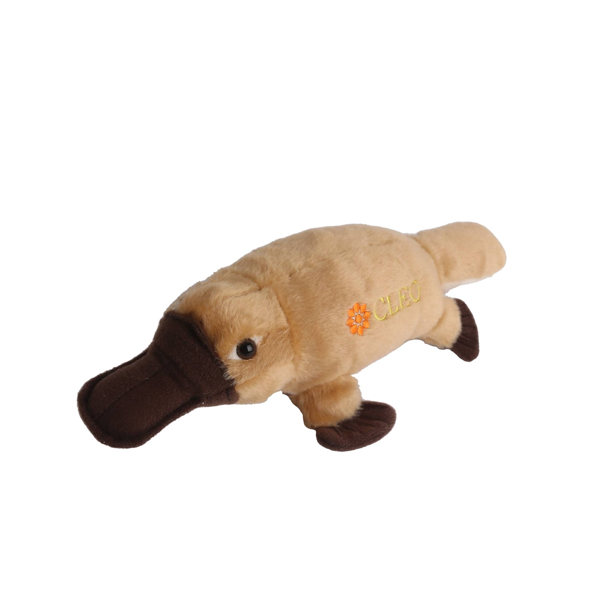 A beige and brown platypus plush toy with embroidered details and a logo. Ideal for fun and games. Custom Platypus Plush Toy - Image 1