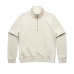 A cream half zip crew jumper with a smooth texture and long sleeves, featuring a logo on the front.