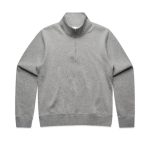 A grey half zip crew jumper with a collar and a logo on the chest.