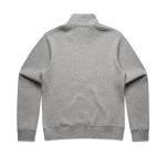 A grey half-zip crew jumper with a high collar and ribbed cuff details. It features a logo on the back.
